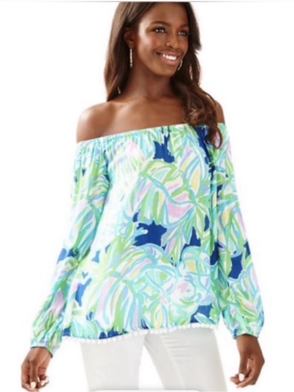 Lilly Pulitzer Tropical Print Off the Shoulder Long Sleeve Enna Top Size M